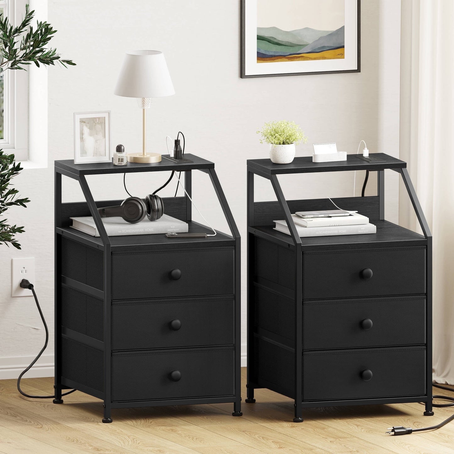 GUNAITO Nightstand Set of 2 with Charging Station Side Table with 3 Drawers End Table with Open Shelf Bedside Table with USB Ports and Outlets Nightstand for Bedroom,Black
