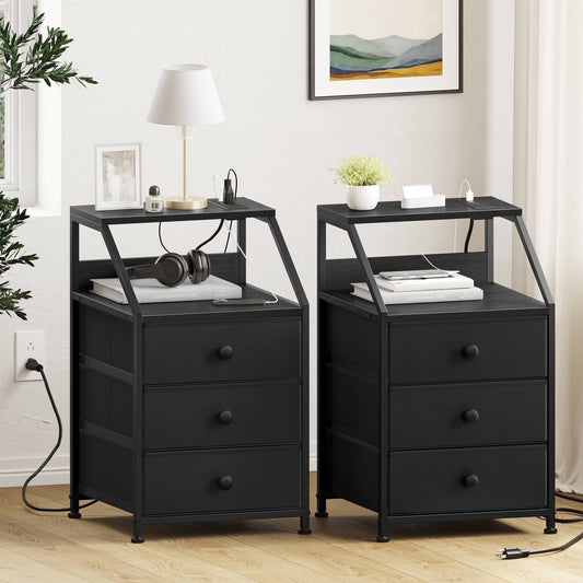 GUNAITO Nightstand Set of 2 with Charging Station Side Table with 3 Drawers End Table with Open Shelf Bedside Table with USB Ports and Outlets Nightstand for Bedroom,Black