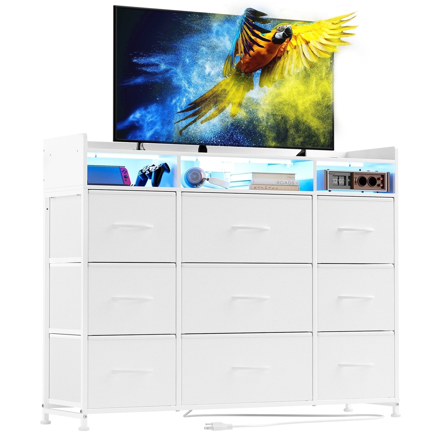 GUNAITO 9 Drawer Led Dresser,Wide Chest of Drawers for Bedroom,Fabric Drawer With Charging Station for Adults£¬43"W TV Stand,White