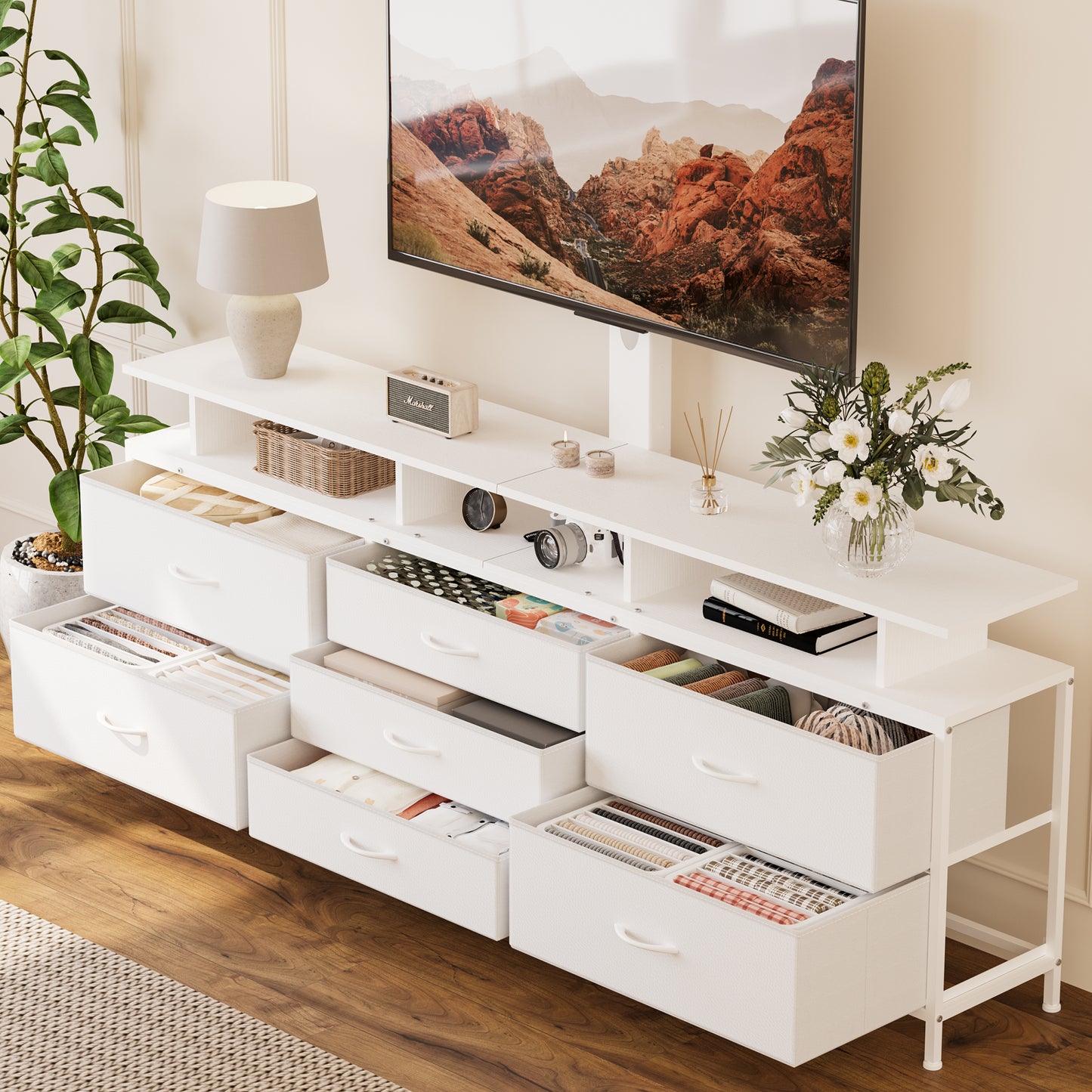 GUNAITO TV Stand with Adjustable Mount for TV up to 70", Big TV Stand for Living Room with Storage , White