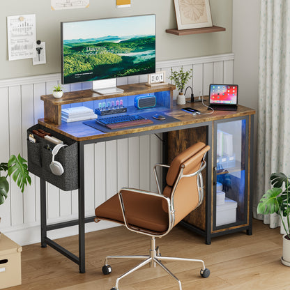 GUNAITO 47" Gaming Desk with LED Lights & Power Outlet，Computer desk with Glass Storage Shelves & Computer Holder，Rustic Brown