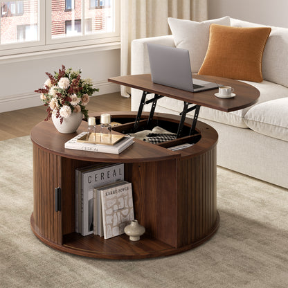 GUNAITO Round Lift Top Coffee Table with Storage and Sliding Door, Wooden Center Table for Living Room, Walnut