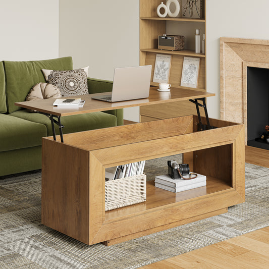 GUNAITO Lift Top Coffee Table with Storage, Wooden Convertible Coffee Table for Living Room, Center Table, Natural wood