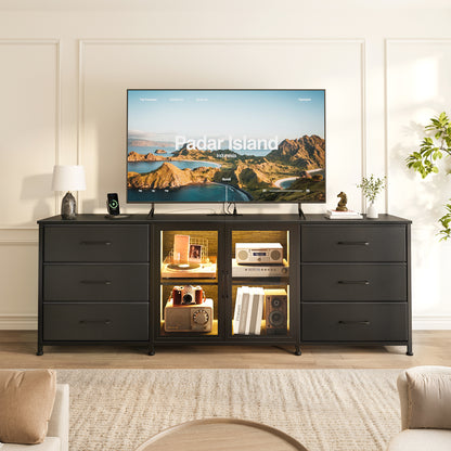 GUNAITO TV Stand for TVs up to 75", Entertainment Center with 6 Fabric Drawers and LED Lights, Big TV Stand with Media Console Storage Cabinet for Living Room, Black