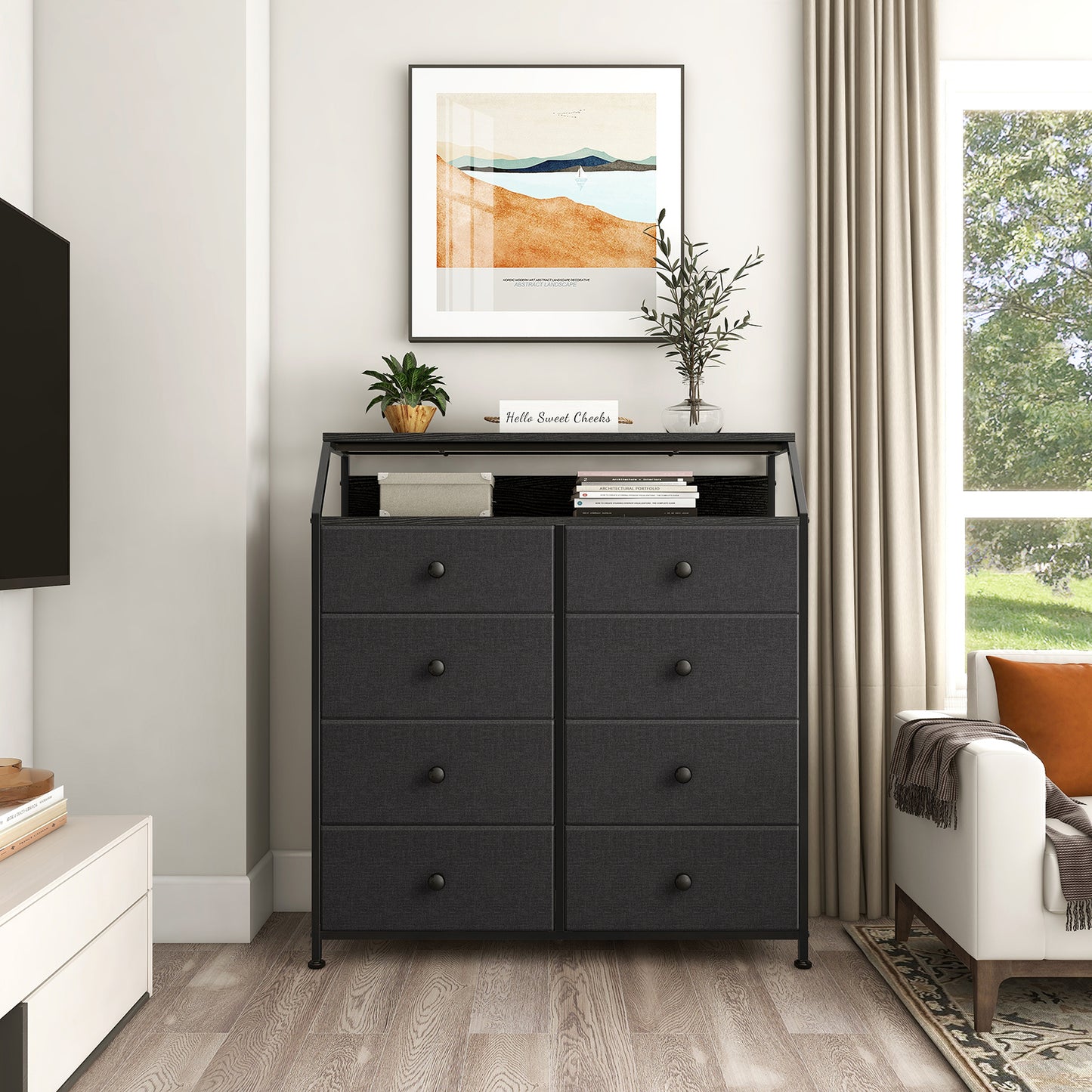 GUNAITO 8 Drawers Dresser For Bedroom Black Grey Finish Wood Top