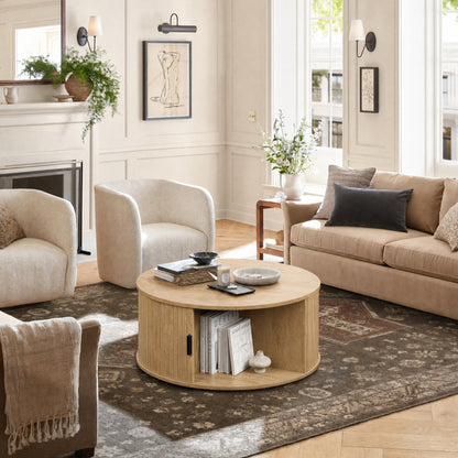 GUNAITO Round Lift Top Coffee Table with Storage and Sliding Door, Wooden Center Table for Living Room, Natural wood