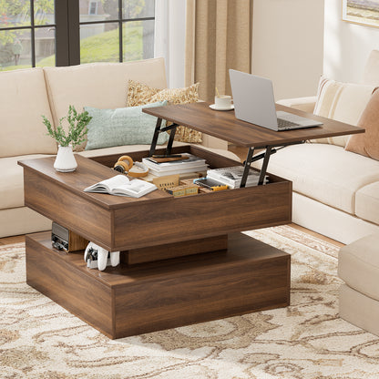 GUNAITO Lift Top Coffee Table with Storage and Hidden Compartment, Wood Square Coffee Table for Living Room, 31.5'' Small Center Table with Open Display Shelf for Dining Reception Room, Walnut