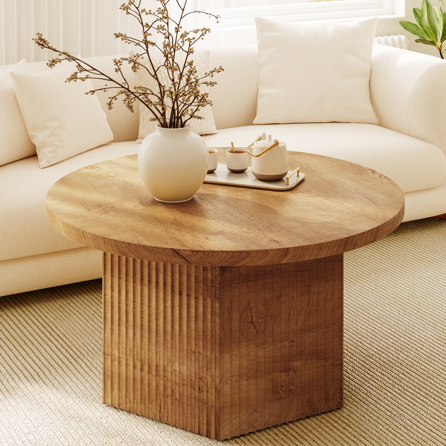 GUNAITO Round Lift Top Coffee Table with Storage, Modern Farmhouse Center Table for Living Room, Natural wood color