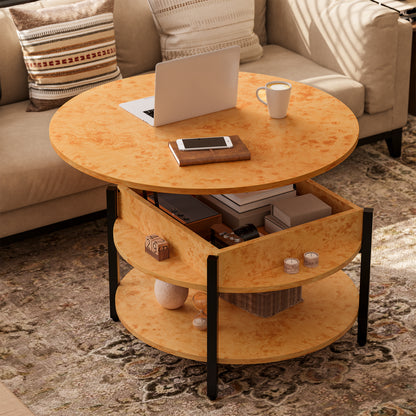 GUNAITO Round Lift Top Small Coffee Table with Storage, Modern Farmhouse Center Table with Shelf 2 Tier Circle Table for Living Room, Natural Burl