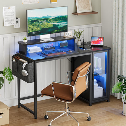 GUNAITO 47" Gaming Desk with LED Lights & Power Outlet，Computer desk with Glass Storage Shelves & Computer Holder，Carbon Fiber Black