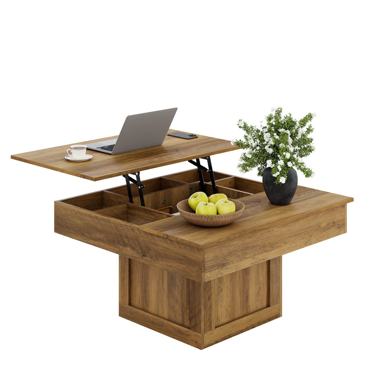 GUNAITO Lift Top Coffee Table with LED Lights, Modern Farmhouse Center Table with Storage, 31.5''Hx31.5''Wx19''D, Light Brown