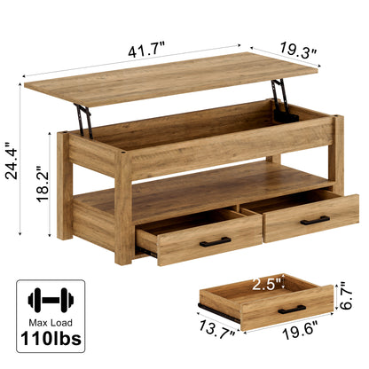 GUNAITO Lift Top Coffee Table with 2 drawers, Light Brown Wooden Convertible Coffee Table with Storage for Living Room, center Table, 42"