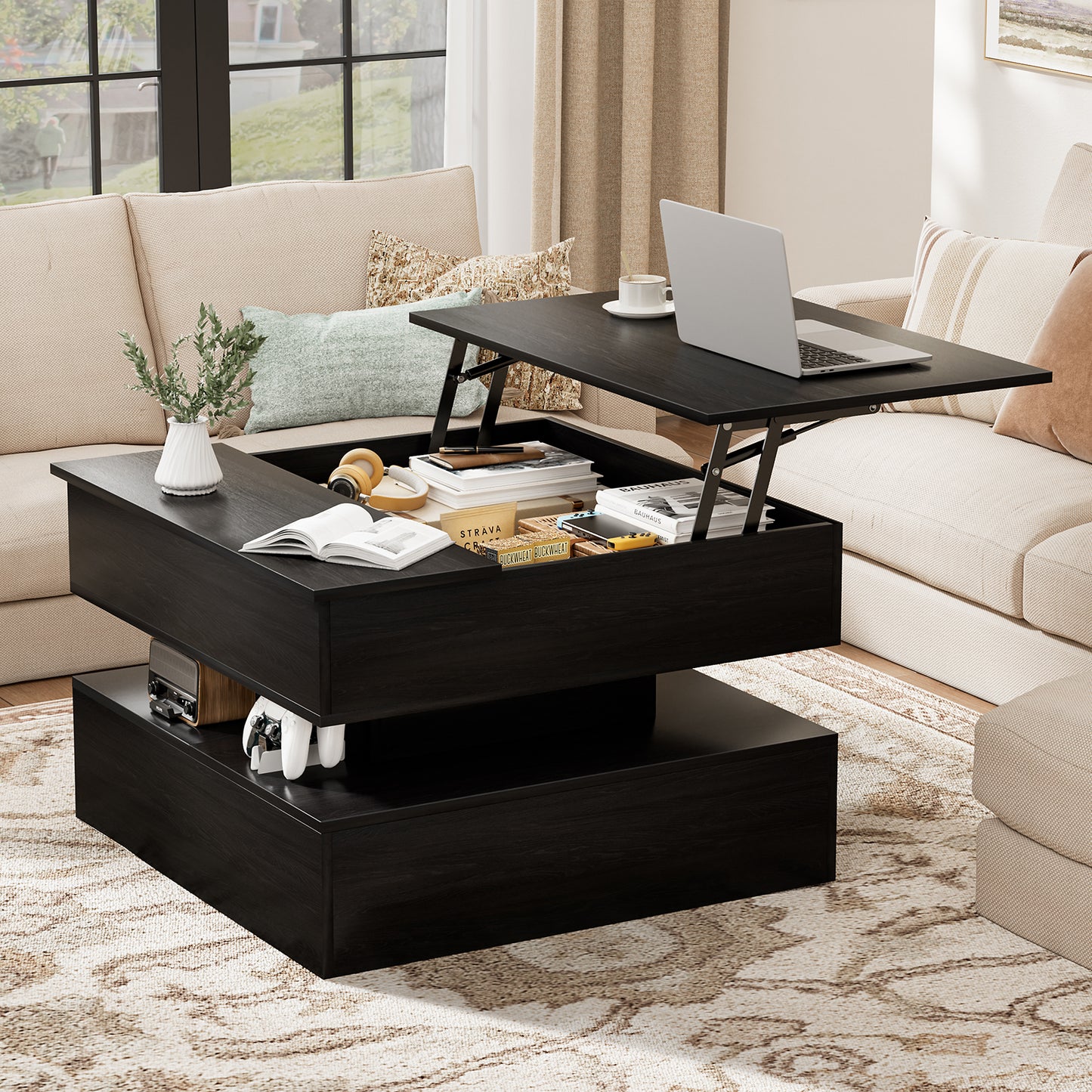 GUNAITO Lift Top Coffee Table with Storage, Wood Square Coffee Table for Living Room,31.5'' Small Center Table with Open Display Shelf for Dining Room, Black