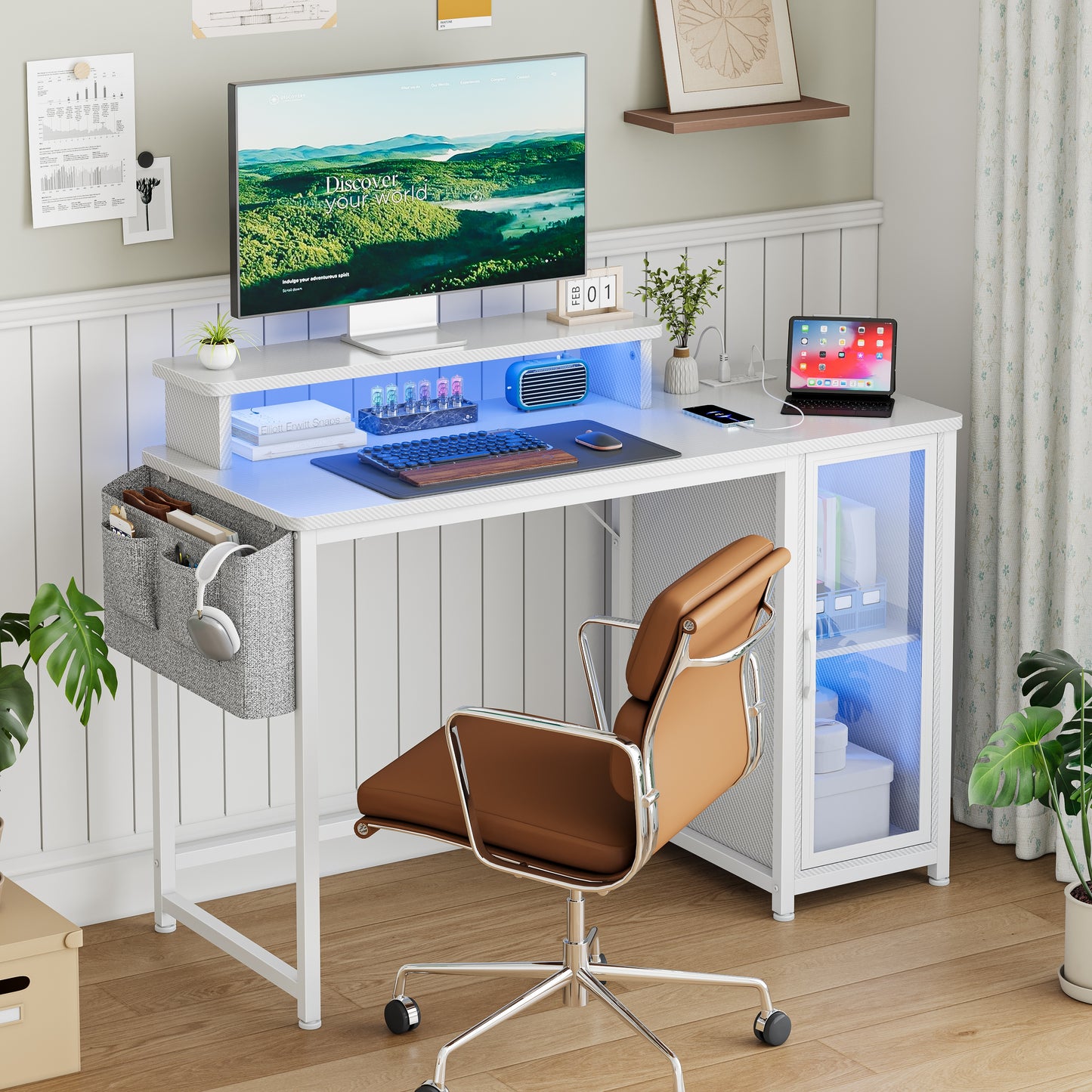 GUNAITO 47" Gaming Desk with LED Lights & Power Outlet，Computer desk with Glass Storage Shelves & Computer Holder，Carbon Fiber White