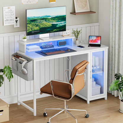 GUNAITO 47" Gaming Desk with LED Lights & Power Outlet，Computer desk with Glass Storage Shelves & Computer Holder，Carbon Fiber White