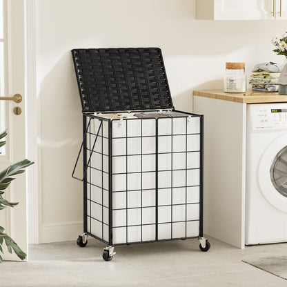 GUNAITO 95L Laundry Basket with Lid and Wheels, Iron Wire Laundry Hamper with Rattan Lid and Removable Liner Bag, Rolling Hamper with Handle (Black & Beige)