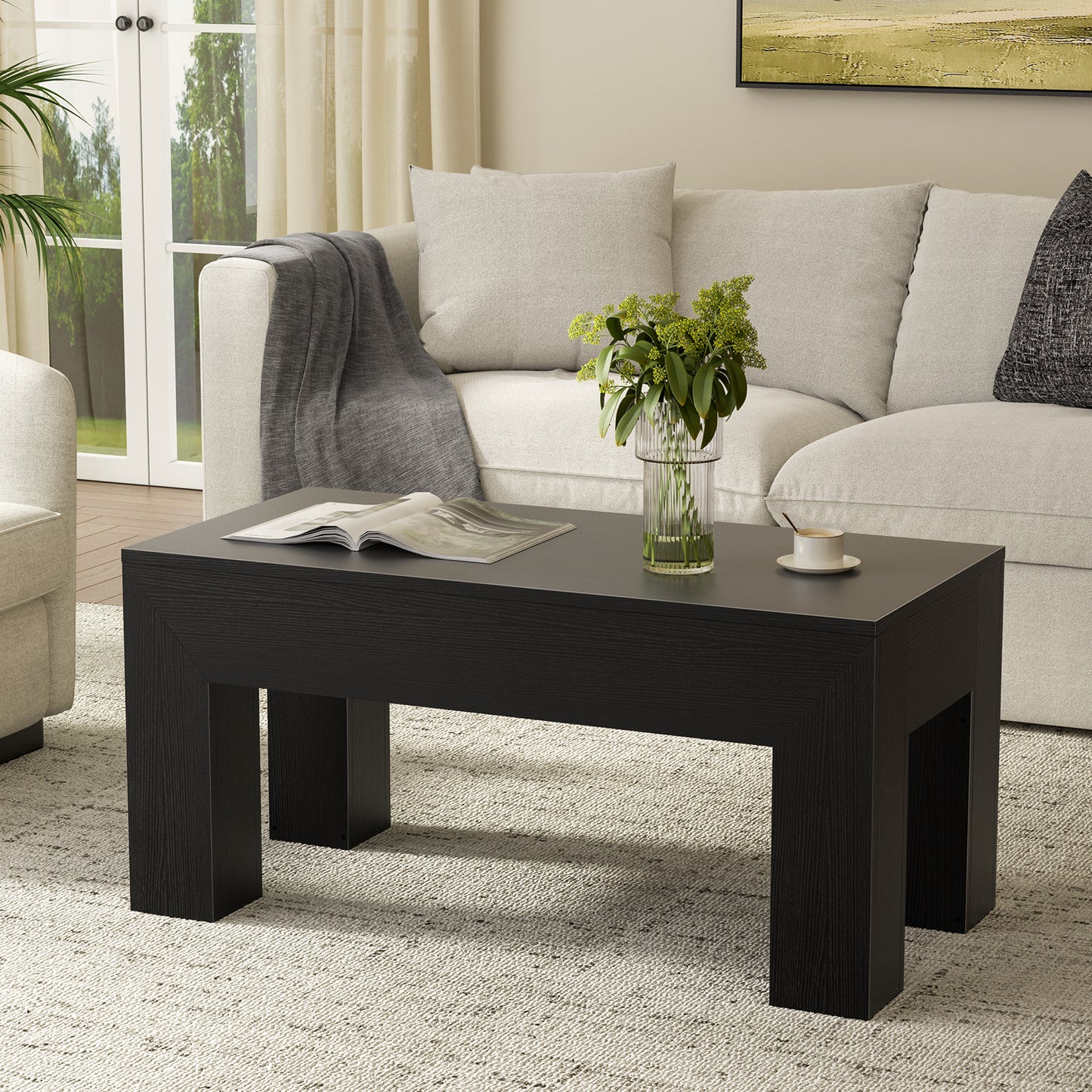 GUNAITO Lift Top Coffee Table with Storage, Wooden Convertible Coffee Table for Living Room, Farmhouse Center Table, Black
