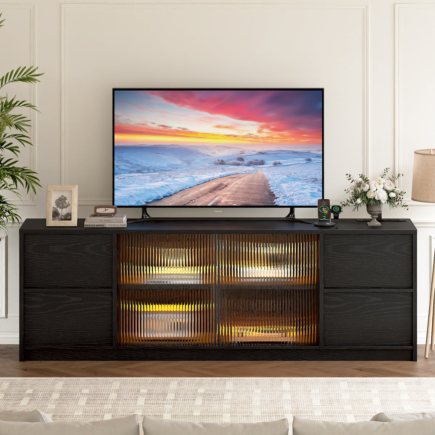 GUNAITO TV Stand for TVs up to 75", Big TV Stand for Living Room with 4 Drawers and LED Lights, Entertainment Center with Storage, Black