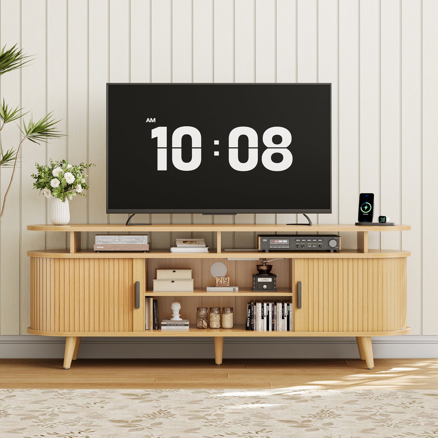 GUNAITO TV Stand for TVs up to 70", Wood TV Stand for Living Room with LED Lights , Entertainment Center with Storage and Shelves, Natural wood