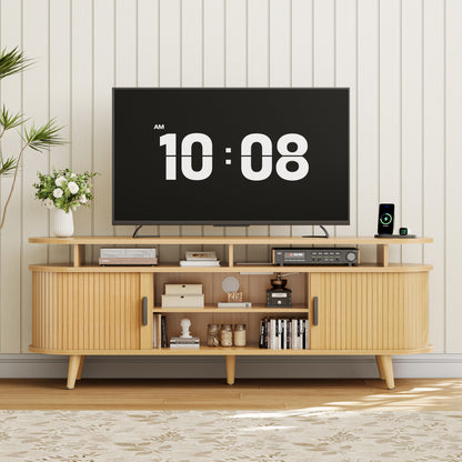 GUNAITO TV Stand for TVs up to 70", Wood TV Stand for Living Room with LED Lights , Entertainment Center with Storage and Shelves, Natural wood