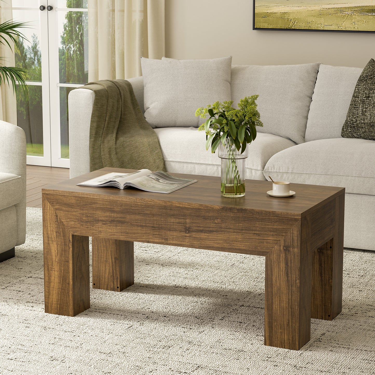 GUNAITO Lift Top Coffee Table with Storage, Wooden Convertible Coffee Table for Living Room, Farmhouse Center Table, Rustic Brown