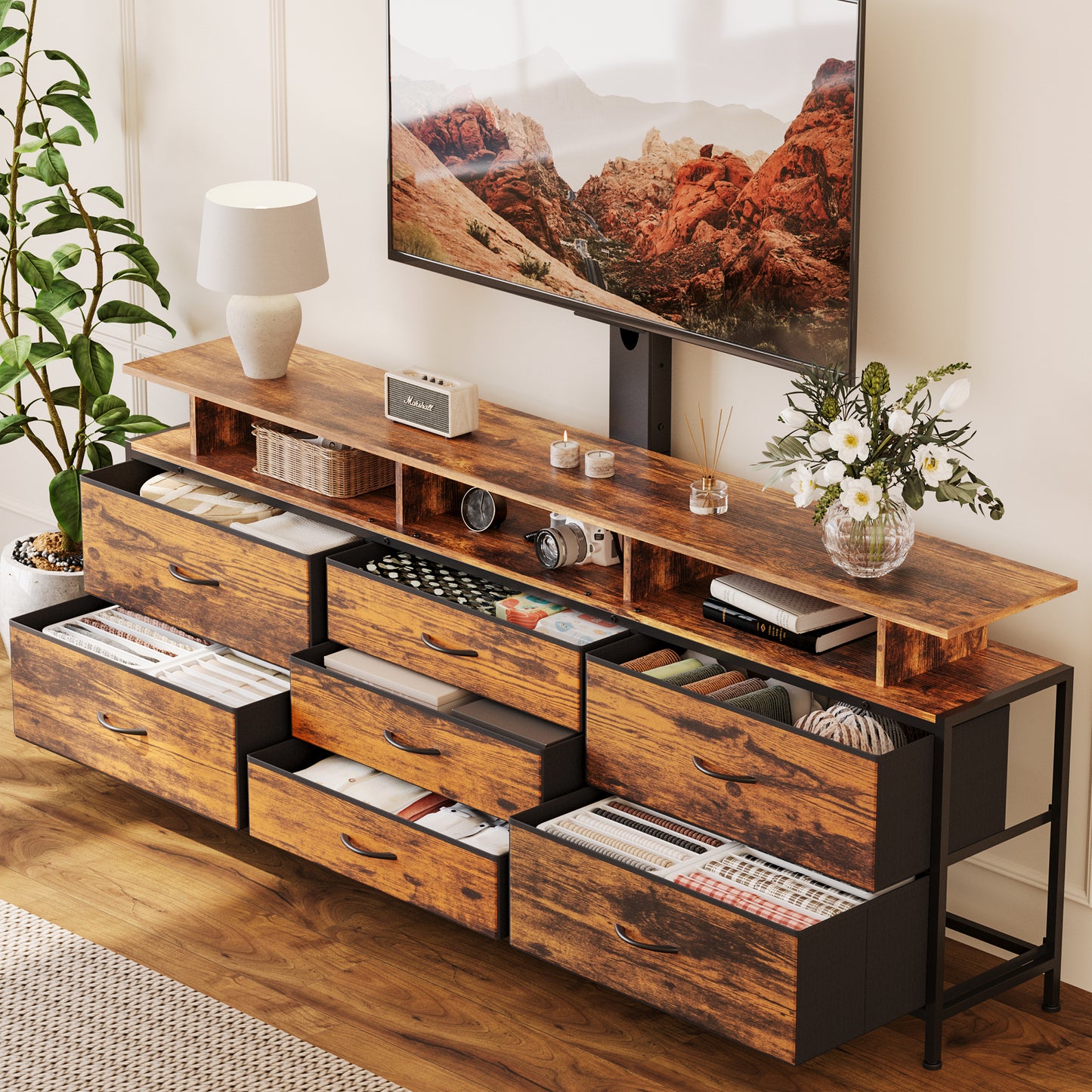 GUNAITO TV Stand with Adjustable Mount for TV up to 70", Big TV Stand for Living Room with Storage , Rustic Brown