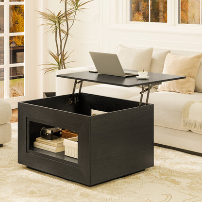 GUNAITO Lift Top Coffee Table with Storage, Wooden Convertible Coffee Table with LED Lights for Living Room, Square Center Table, Black