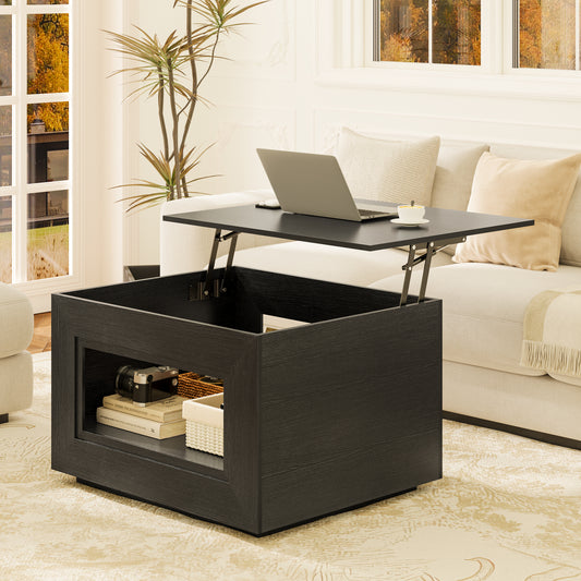 GUNAITO Lift Top Coffee Table with Storage, Wooden Convertible Coffee Table with LED Lights for Living Room, Square Center Table, Black