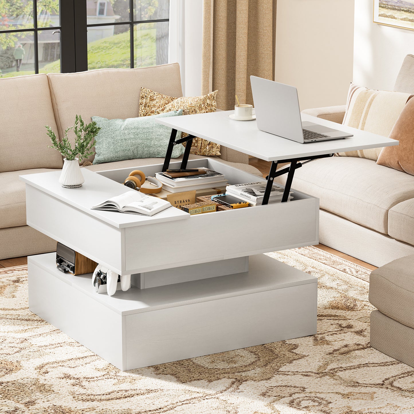 GUNAITO Lift Top Coffee Table with Storage, Wood Square Coffee Table for Living Room, 31.5'' Small Center Table with Open Display Shelf for Dining Room, White