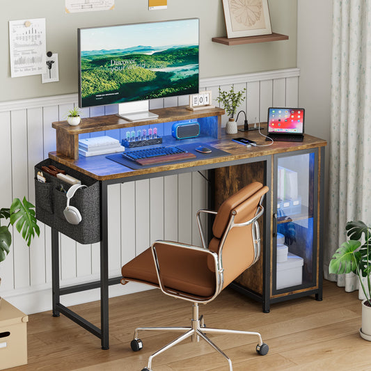 GUNAITO 47" Gaming Desk with LED Lights & Power Outlet，Computer desk with Glass Storage Shelves & Computer Holder，Rustic Brown