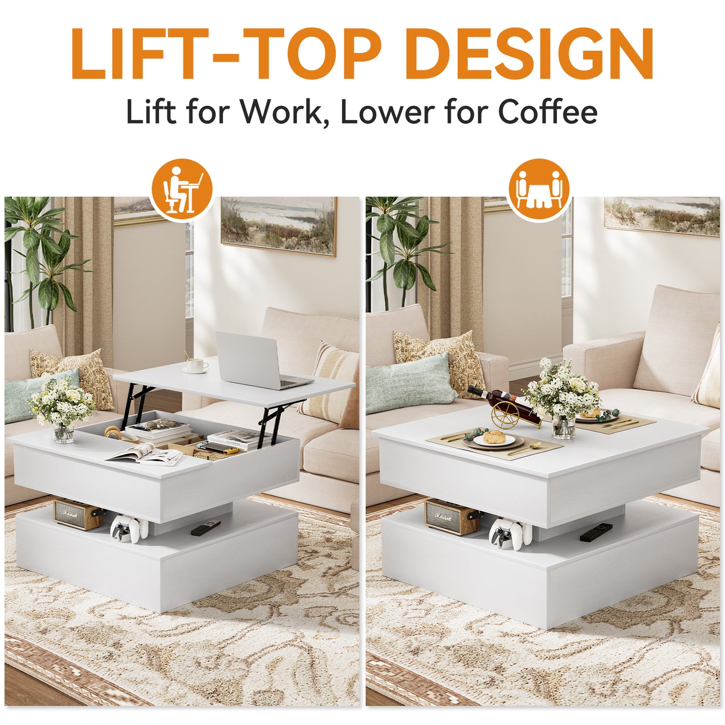 GUNAITO Lift Top Coffee Table with Storage, Wood Square Coffee Table for Living Room, 31.5'' Small Center Table with Open Display Shelf for Dining Room, White
