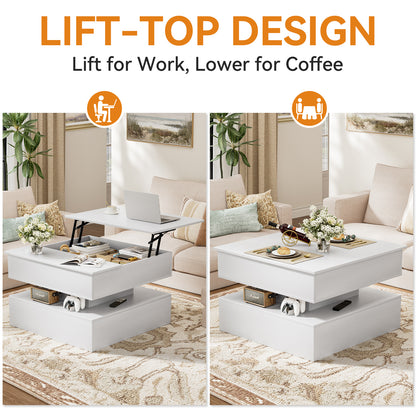 GUNAITO Lift Top Coffee Table with Storage, Wood Square Coffee Table for Living Room, 31.5'' Small Center Table with Open Display Shelf for Dining Room, White