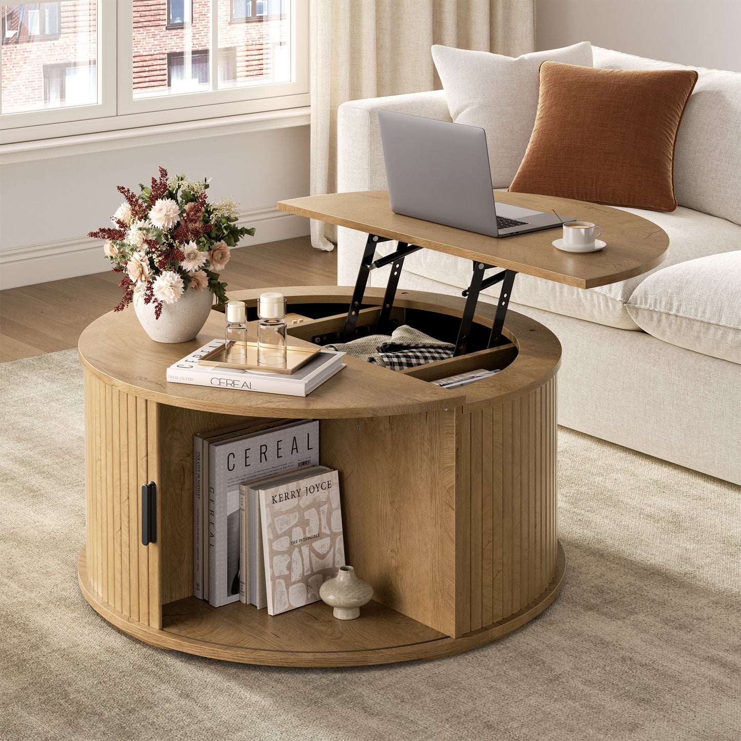 GUNAITO Round Lift Top Coffee Table with Storage and Sliding Door, Wooden Center Table for Living Room, Natural wood