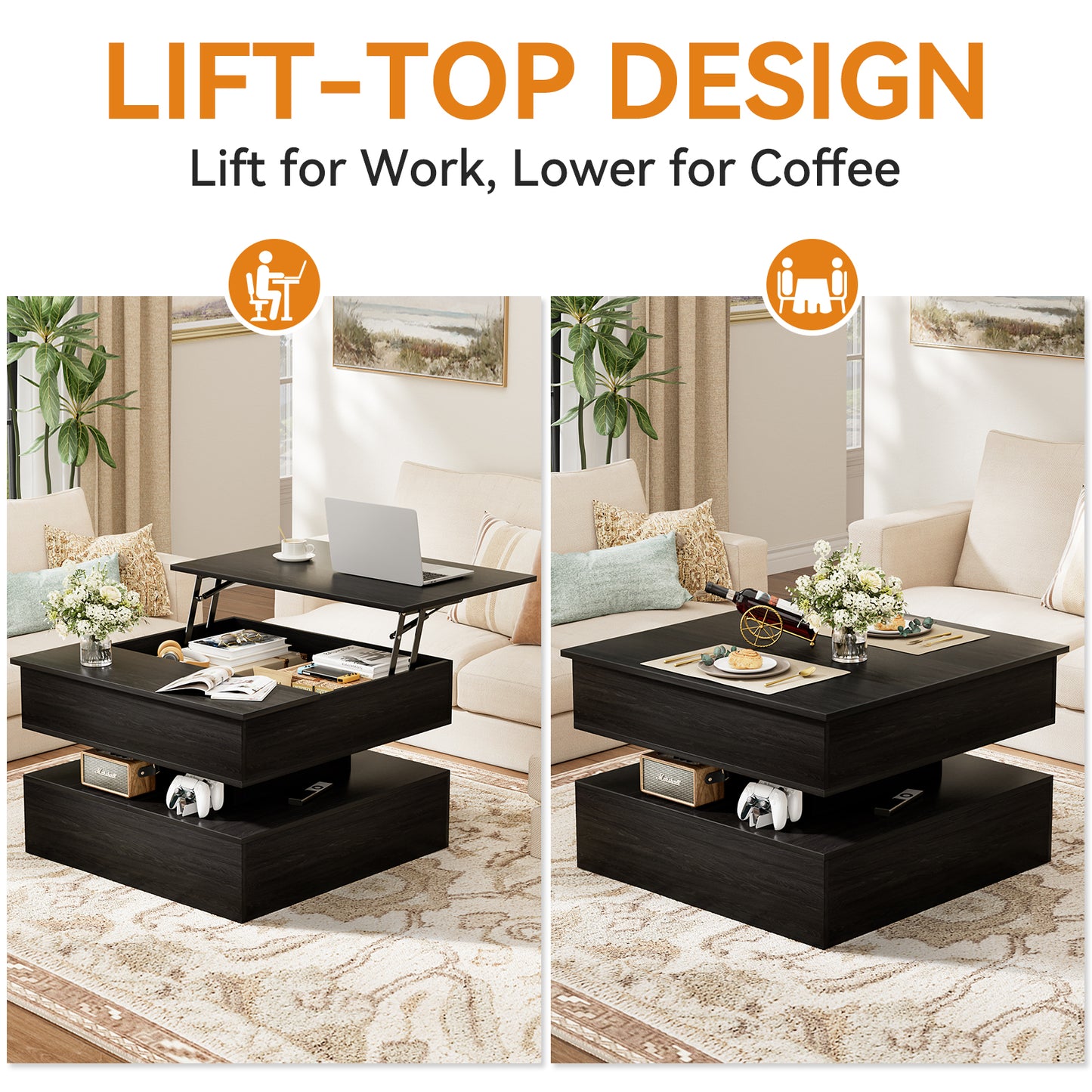 GUNAITO Lift Top Coffee Table with Storage, Wood Square Coffee Table for Living Room,31.5'' Small Center Table with Open Display Shelf for Dining Room, Black