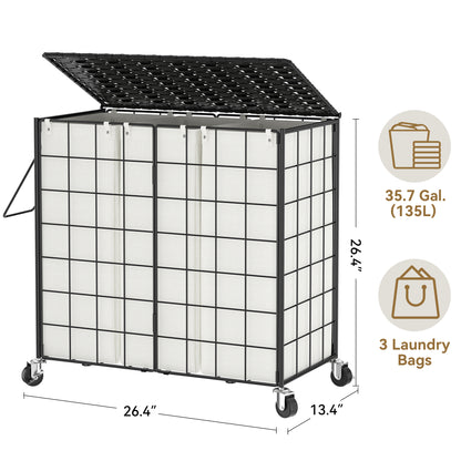 GUNAITO 135L Laundry Basket with Lid and Wheels, Iron Wire Laundry Hamper with Wicker Lid and 3 Removable Liner Bags, Rolling Hamper with Handle (Black & Beige)