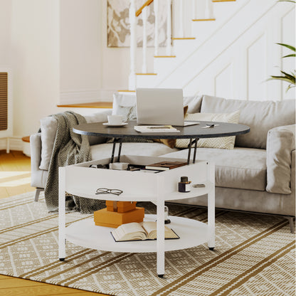 GUNAITO Round Lift Top Coffee Table with Storage Farmhouse Circle Table with Hidden Compartment Large 2 Tier Modern Center Table for Living Room,White