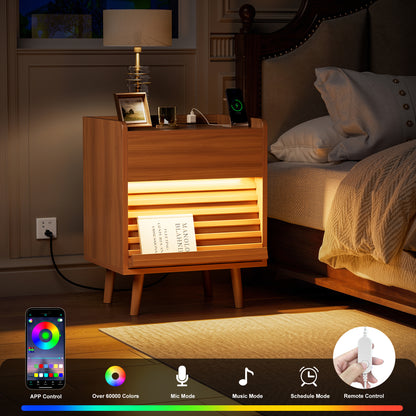 GUNAITO Nightstand set of 2 with Charging Station Bedside Table with LED Light Wood Nightstand with Wave Texture Drawers End Table with USB Ports and Outlets for Small Space Caramel 2pcs