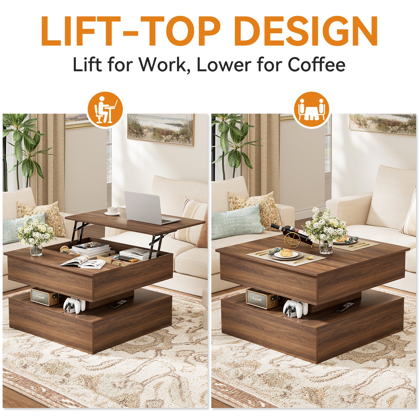 GUNAITO Lift Top Coffee Table with Storage and Hidden Compartment, Wood Square Coffee Table for Living Room, 31.5'' Small Center Table with Open Display Shelf for Dining Reception Room, Walnut