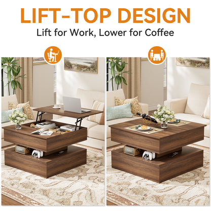 GUNAITO Lift Top Coffee Table with Storage and Hidden Compartment, Wood Square Coffee Table for Living Room, 31.5'' Small Center Table with Open Display Shelf for Dining Reception Room, Walnut