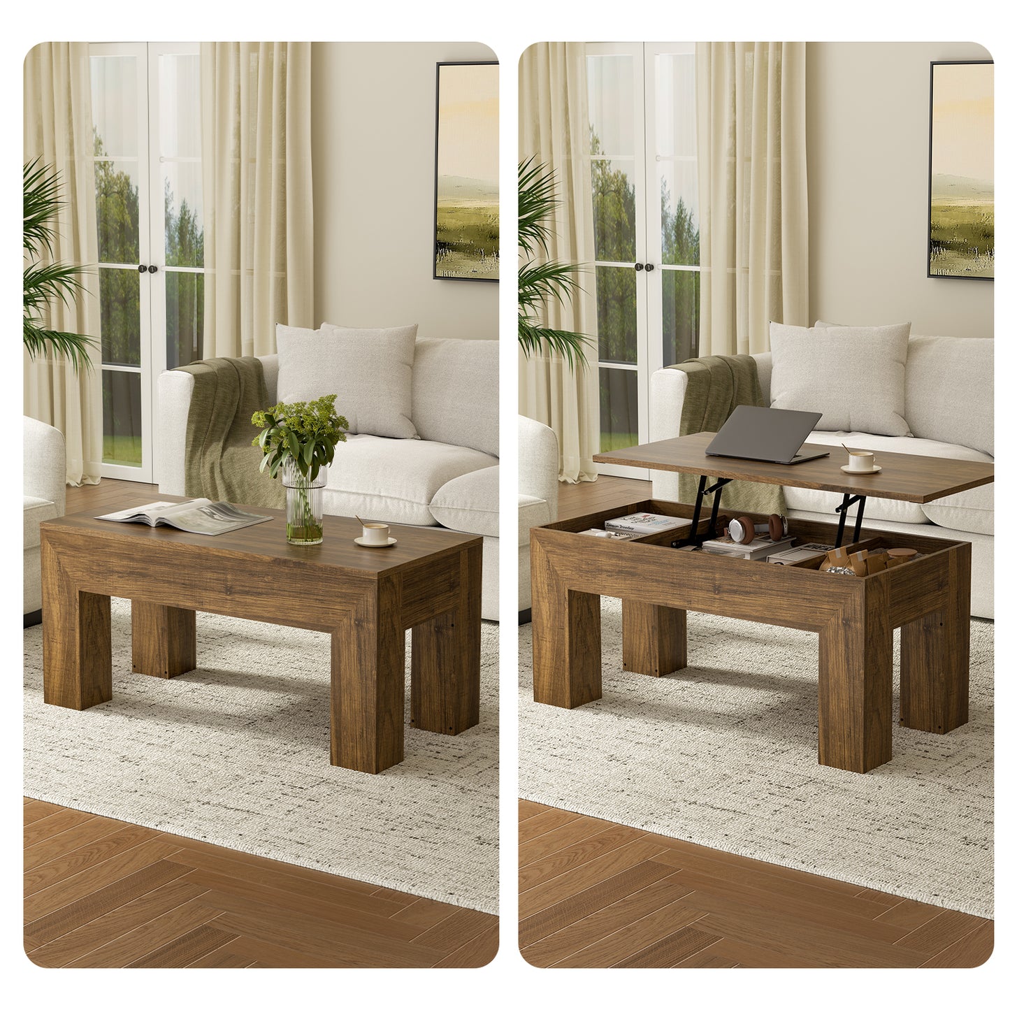 GUNAITO Lift Top Coffee Table with Storage, Wooden Convertible Coffee Table for Living Room, Farmhouse Center Table, Rustic Brown