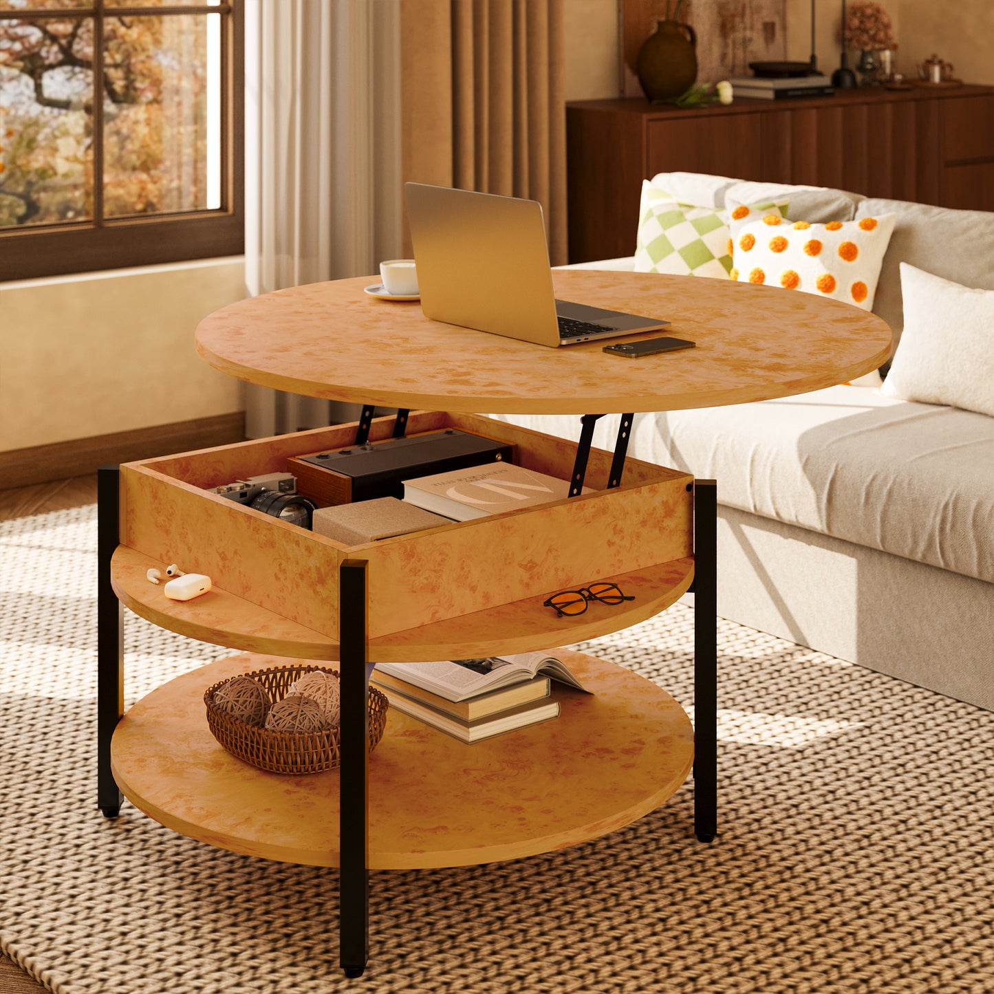 GUNAITO Round Lift Top Small Coffee Table with Storage, Modern Farmhouse Center Table with Shelf 2 Tier Circle Table for Living Room, Natural Burl
