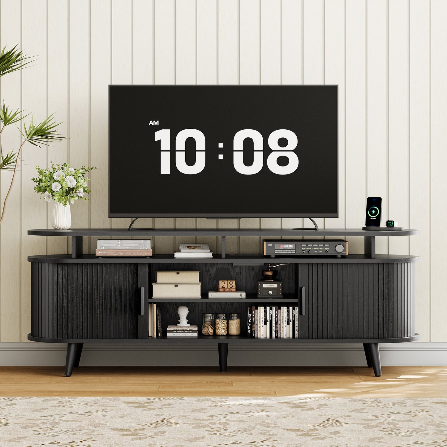 GUNAITO TV Stand for TVs up to 70", Wood TV Stand for Living Room , Entertainment Center with Storage and Shelves, Mid-Century Modern, Black