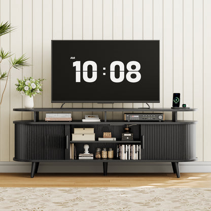 GUNAITO TV Stand for TVs up to 70", Wood TV Stand for Living Room , Entertainment Center with Storage and Shelves, Mid-Century Modern, Black