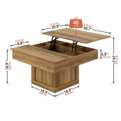 GUNAITO Lift Top Coffee Table with LED Lights, Modern Farmhouse Center Table with Storage, 31.5''Hx31.5''Wx19''D, Light Brown