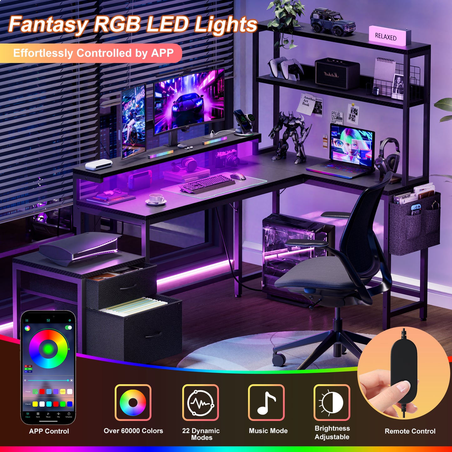 GUNAITO L Shaped Gaming Desk with CPU Stand, 71" Corner Computer Desk,Reversible Office Desk with File Drawers Cabinet,3-Tier Shelf,Carbon Fiber Black