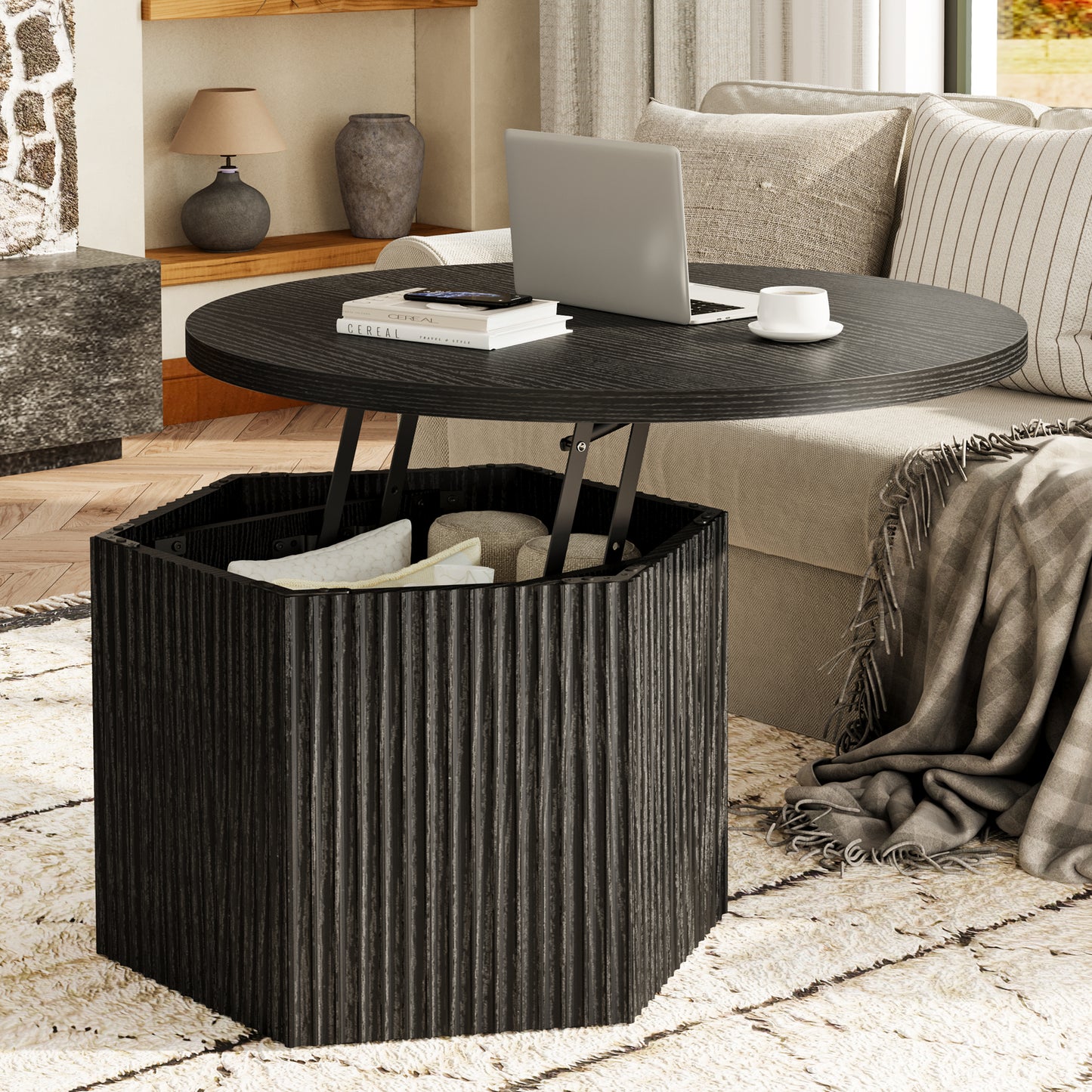GUNAITO Round Lift Top Coffee Table with Storage, Modern Farmhouse Center Table for Living Room, Black