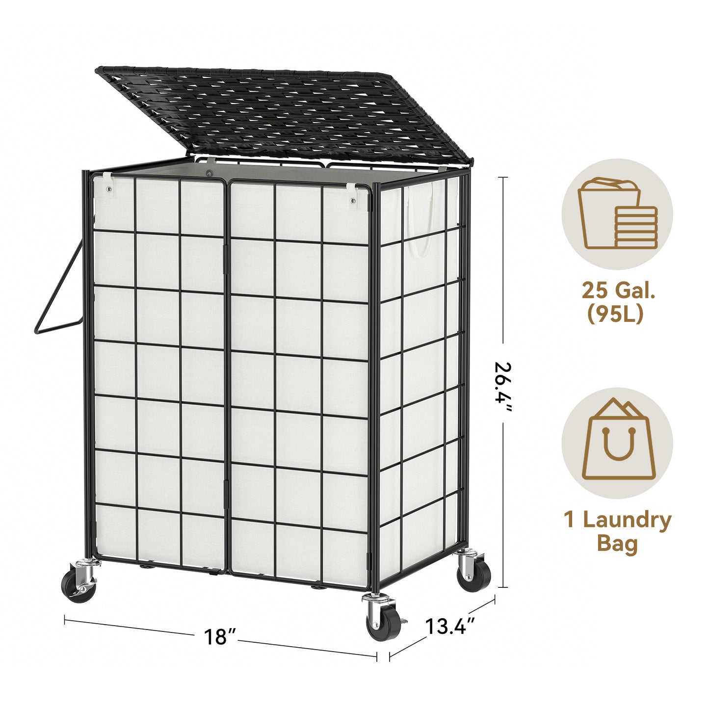 GUNAITO 95L Laundry Basket with Lid and Wheels, Iron Wire Laundry Hamper with Rattan Lid and Removable Liner Bag, Rolling Hamper with Handle (Black & Beige)