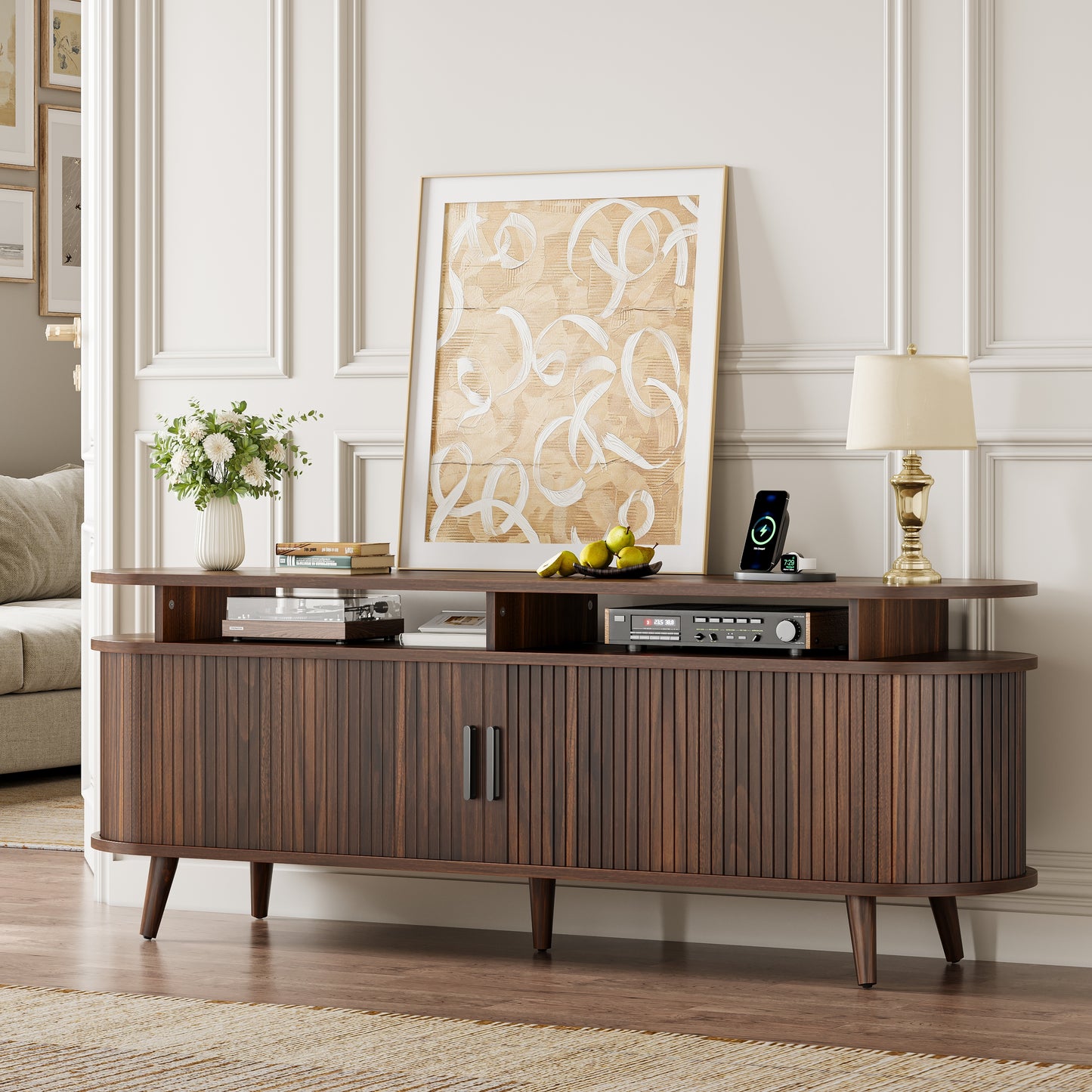 GUNAITO TV Stand for TVs up to 70", Wood TV Stand for Living Room with LED Lights , Entertainment Center with Storage and Shelves, Walnut