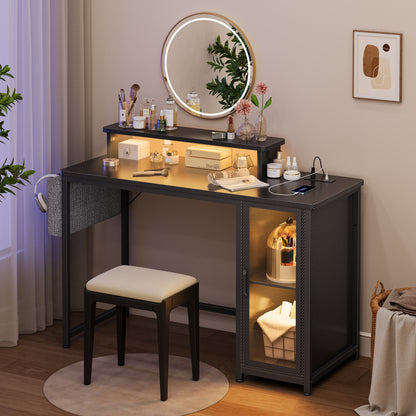 GUNAITO 47" Gaming Desk with LED Lights & Power Outlet，Computer desk with Glass Storage Shelves & Computer Holder，Carbon Fiber Black