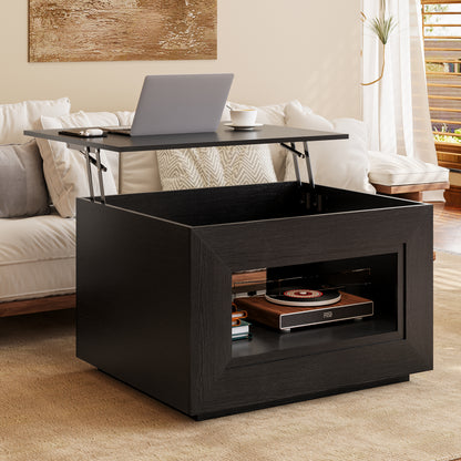 GUNAITO Lift Top Coffee Table with Storage, Wooden Convertible Coffee Table with LED Lights for Living Room, Square Center Table, Black